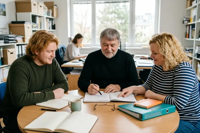 Tři lidé u stolu s poznámkami a notebooky probírají firemní tarif AI nástroje pro tým.