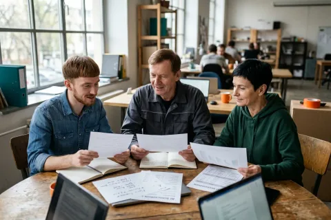 Tři kolegové v coworkingu porovnávají vytištěné poznámky o cenách firemního AI předplatného.