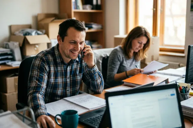Obchodník telefonuje se zákazníkem u stolu v kanceláři, v pozadí kolegyně prochází papíry