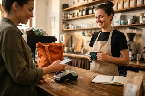 Zákaznice platí telefonem u pultu malé kavárny, terminál z boku, barista se usmívá s hrnečkem v ruce.