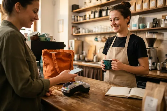 Zákaznice platí telefonem u pultu malé kavárny, terminál z boku, barista se usmívá s hrnečkem v ruce.
